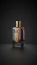 Smoked plum glass perfume bottle with gold-etched label