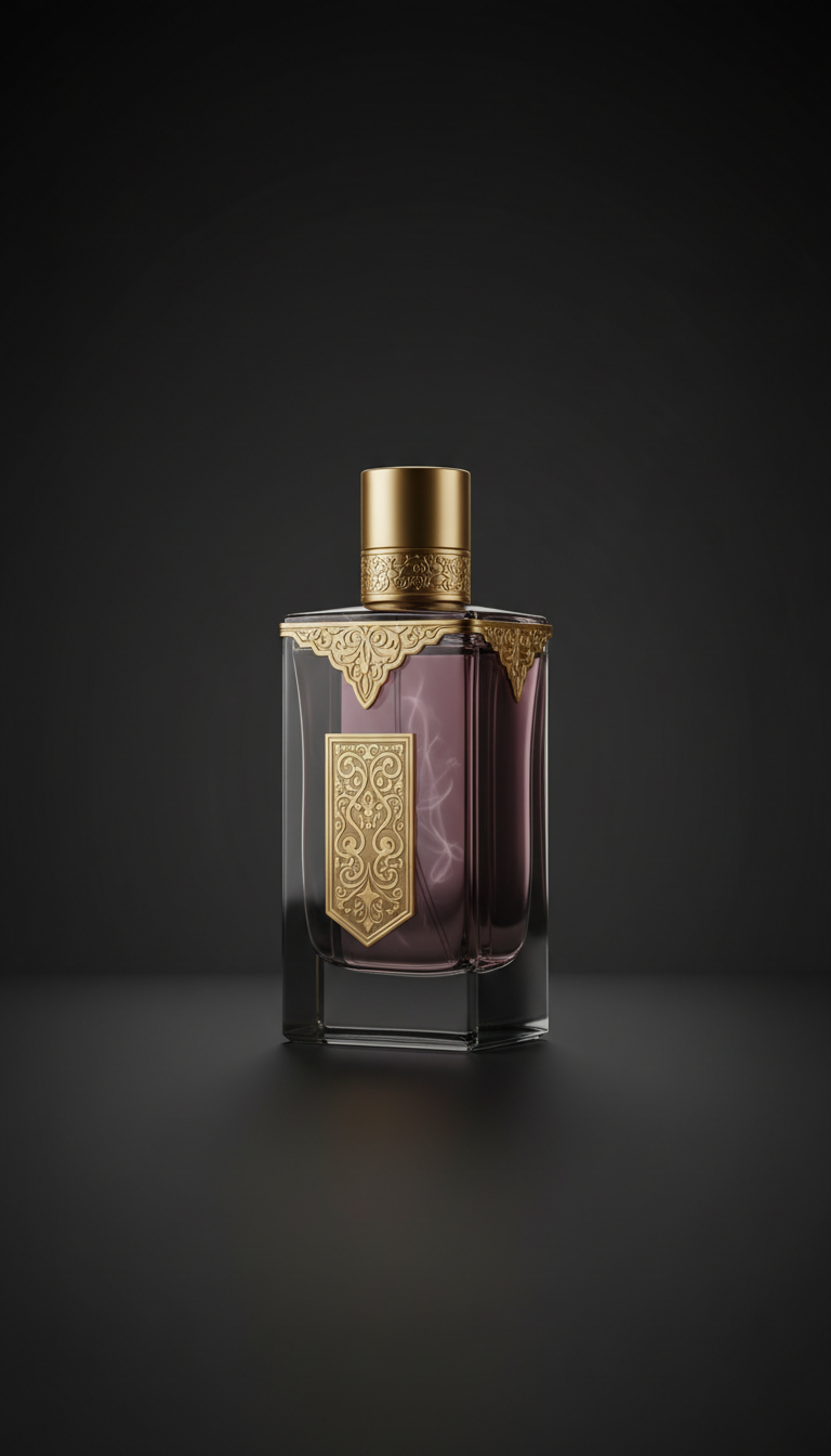 Smoked plum glass perfume bottle with gold-etched label