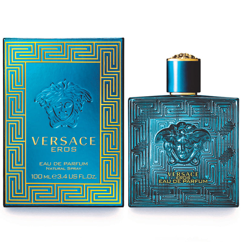 Versace Eros Eau de Parfum blue 3.4 oz bottle with matching presentation box