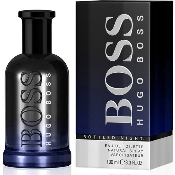 Hugo Boss Boss Bottled Night Eau de Toilette 3.4 oz bottle with matching dark blue box