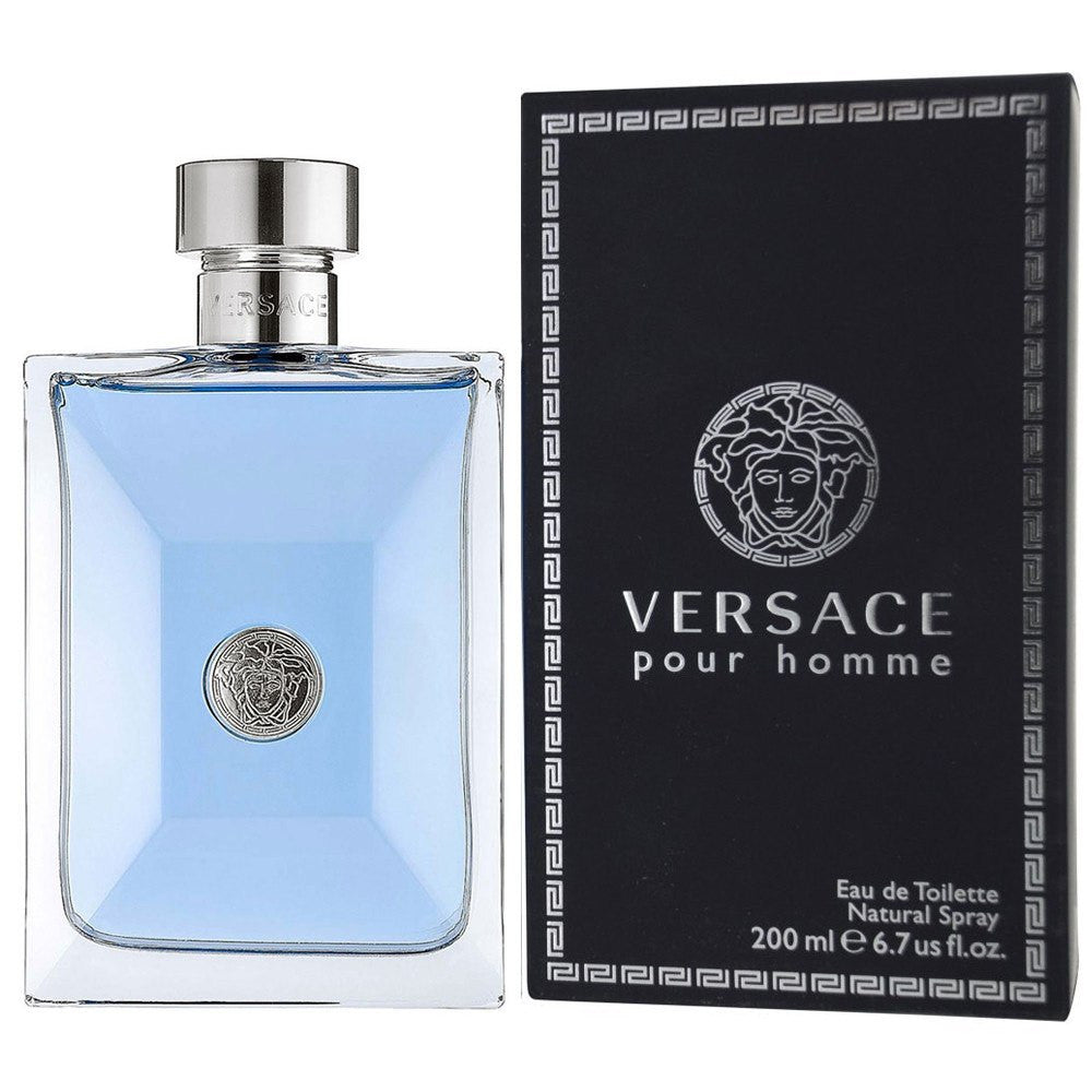 Versace Pour Homme Eau de Toilette clear blue 6.7 oz bottle with silver presentation box