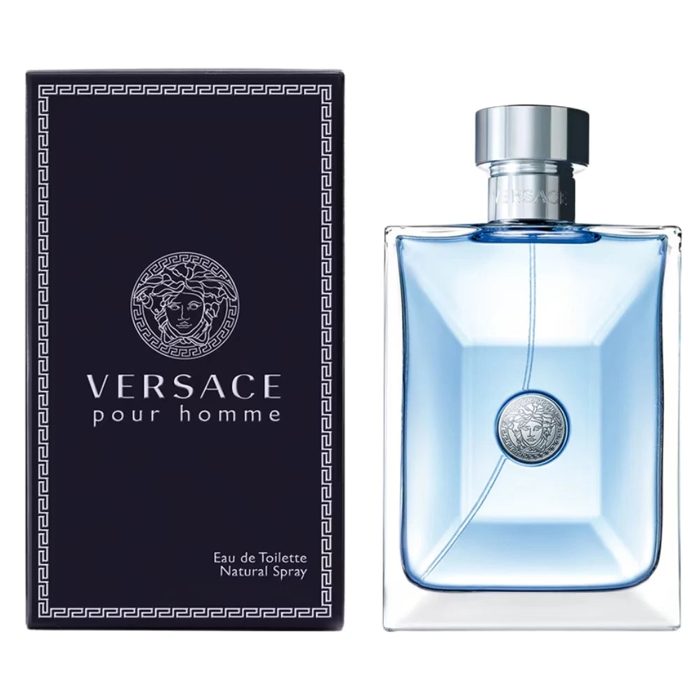 Versace Pour Homme Eau de Toilette clear blue 3.4 oz bottle with silver presentation box